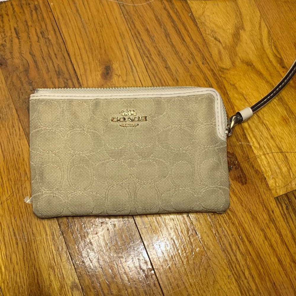 Coach Neutral Signature Wristlet in Beige with White Trim